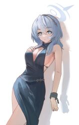 Rule 34 | 1girl, ako (blue archive), ako (dress) (blue archive), backless dress, backless outfit, blue archive, blue dress, blue eyes, blue hair, blue halo, breasts, dress, flippy (cripine111), hair between eyes, hairband, halo, hashtag-only commentary, highres, large breasts, medium hair, sideboob, simple background, sleeveless, sleeveless dress, solo, white background