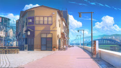 Rule 34 | arsenixc, artist name, bar (place), boat, bottle, bridge, city, city lights, cityscape, cloud, cloudy sky, company name, copyright name, day, game cg, highres, hill, izakaya, lamppost, lantern, love money rock&#039;n&#039;roll, official art, official wallpaper, original, outdoors, paper lantern, river, road, sake bottle, scenery, sign, sky, stool, street, table, water, watercraft, watermark