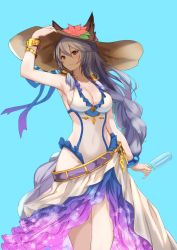 Rule 34 | 10s, 1girl, a.t. zero, animal ears, arm up, armpits, bad id, bad twitter id, blue background, blush, bracelet, braid, breasts, brown eyes, cleavage, covered navel, cowboy shot, ears through headwear, erune, flower, food, granblue fantasy, grey hair, hand on headwear, hat, hat flower, heles, heles (summer) (granblue fantasy), highres, holding, jewelry, large breasts, long hair, medium breasts, popsicle, sarong, sideboob, single braid, smile, solo, standing, very long hair