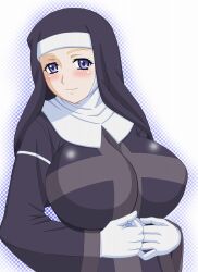 Rule 34 | 1girl, black headwear, black robe, blue eyes, blush, breasts, closed mouth, commentary request, firewarstorm, gloves, habit, huge breasts, light blush, long sleeves, looking at viewer, mature female, nun, orsola aquinas, robe, smile, solo, toaru majutsu no index, upper body, white background, white gloves