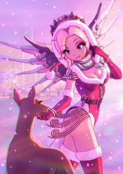 Rule 34 | 1girl, armor, bangle, belt, belt buckle, black panties, blonde hair, blue eyes, bracelet, breasts, buckle, building, candy, candy cane, christmas, christmas lights, chromatic aberration, cleavage, cowboy shot, dated, deer, dress, elbow gloves, eyelashes, faulds, ferris wheel, fog, food, full body, fur-trimmed legwear, fur trim, gloves, grey scarf, halo, hat, highres, holly, jewelry, leo queval, leotard, light smile, looking at another, looking away, looking to the side, mechanical halo, mechanical wings, medium breasts, mercy (overwatch), mole, mole on breast, night, nose, outdoors, overwatch, overwatch 1, panties, pauldrons, pelvic curtain, pink lips, red dress, red gloves, red thighhighs, santa costume, santa hat, scarf, shoulder armor, signature, sky, sleeveless, smile, snow, snowing, solo, spread wings, thighhighs, town, underwear, window, wings