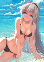 Rule 34 | 00s, 1girl, arm support, baisi shaonian, bare shoulders, bikini, black bikini, blue eyes, breasts, cameltoe, clannad, cleavage, cloud, collarbone, day, groin, hairband, highres, looking at viewer, medium breasts, navel, partially submerged, sakagami tomoyo, side-tie bikini bottom, sky, smile, solo, swimsuit, water, wide hips