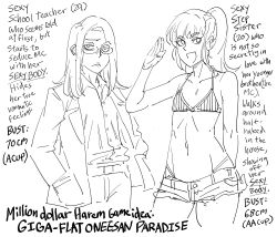Rule 34 | 2girls, bags under eyes, bb (baalbuddy), bikini, bikini top only, coat, commentary, cutoffs, denim, denim shorts, english commentary, english text, flat chest, frown, glasses, greyscale, hands in pockets, highres, jitome, lineart, long hair, looking at viewer, monochrome, multiple girls, original, panty straps, ponytail, salute, short shorts, shorts, swimsuit, teacher