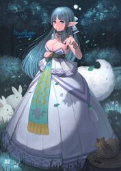 Rule 34 | 1girl, bare shoulders, black bow, blue eyes, blue hair, blush, bow, breasts, cleavage, commission, dress, eguchi tumoru, frilled dress, frills, full body, grass, hair bow, hands up, highres, jewelry, large breasts, leaf, long dress, long hair, looking at viewer, necklace, night, night sky, olha (ys), outdoors, parted bangs, parted lips, pearl necklace, pointy ears, ring, skeb commission, sky, smile, solo, squirrel, standing, tree, two-tone bow, wedding dress, wedding ring, white bow, white dress, white rabbit (animal), ys, ys vi ark of napishtim