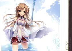 Rule 34 | 10s, 1girl, absurdres, asuna (sao), blush, brown eyes, brown hair, gradient background, highres, huge filesize, karory, non-web source, see-through, solo, sword art online, thighhighs, wet