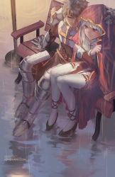 Rule 34 | 1boy, 1girl, armor, bench, borrowed clothes, cloak, couple, greaves, hand on another&#039;s head, hetero, high priest (ragnarok online), jewelry, leaning on person, leaning to the side, lord knight (ragnarok online), necklace, one eye covered, pelvic curtain, ragnarok online, rain, red eyes, shilin, sitting, thighhighs, white hair, white thighhighs