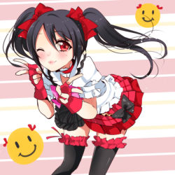 Rule 34 | 10s, 1girl, bad id, bad pixiv id, black hair, blush, bokura wa ima no naka de, bow, ericcapink, fingerless gloves, frilled thighhighs, frills, gloves, hair bow, long hair, love live!, love live! school idol project, one eye closed, red eyes, skirt, smile, smiley face, solo, striped, striped background, thighhighs, twintails, v, wink, yazawa nico