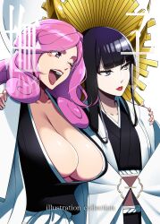 Rule 34 | 2girls, absurdres, arm around shoulder, black hair, bleach, blunt bangs, breasts, cleavage, commentary request, cover, cover page, english text, facial mark, green eyes, headdress, highres, hikifune kirio, huge breasts, large breasts, lipstick, long hair, long sleeves, makeup, mattari yufi, multiple girls, one eye closed, open mouth, pink eyes, pink hair, shutara senjumaru, sidelocks, translation request, upper body, wide sleeves