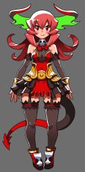 Rule 34 | 1girl, ankle boots, arm garter, armor, armored dress, blush, boots, bracelet, breasts, commentary request, covered navel, curly hair, demon girl, demon horns, demon tail, detached sleeves, dress, fang, frilled dress, frills, full body, garter straps, grey background, highres, horns, jewelry, long hair, maou beluzel, matsuda yuusuke, pigeon-toed, red eyes, red hair, skull, small breasts, solo, tail, thighhighs, yuusha to maou, zettai ryouiki