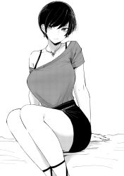 Rule 34 | 1girl, absurdres, arm support, bare legs, bare shoulders, bra strap, earrings, highres, jewelry, legs together, miniskirt, monochrome, necklace, norman maggot, off shoulder, olive laurentia, original, pixie cut, short hair, short sleeves, simple background, sitting, skirt, solo, white background