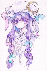 Rule 34 | 1girl, bow, colored eyelashes, crescent, female focus, hair bow, hat, hat bow, long hair, miri, miri (tobira no mukou), painting (medium), patchouli knowledge, purple eyes, purple hair, solo, touhou, traditional media, upper body, watercolor (medium)