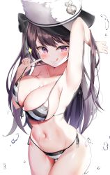 Rule 34 | 1girl, :q, absurdres, arm behind head, arm up, armpits, azur lane, bikini, black ribbon, blush, breasts, brown hair, cleavage, cowboy shot, duplicate, finger to cheek, groin, hair ribbon, hand up, hat, highres, kuse (0201), large breasts, long hair, looking at viewer, naughty face, navel, pamiat merkuria (azur lane), pink eyes, pointing, pointing at self, purple eyes, ribbon, side-tie bikini bottom, side ponytail, simple background, smile, solo, string pull, striped bikini, striped clothes, swimsuit, thigh gap, tongue, tongue out, undersized clothes, very long hair, white background, white hat