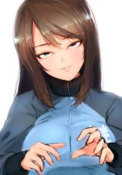 Rule 34 | 10s, 1girl, blue jacket, brown eyes, brown hair, closed mouth, commentary, emblem, girls und panzer, half-closed eyes, head tilt, jacket, keizoku military uniform, light smile, long hair, long sleeves, looking at viewer, mika (girls und panzer), military, military uniform, mityubi, no headwear, raglan sleeves, simple background, sketch, solo, track jacket, uniform, upper body, white background