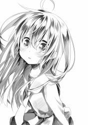 Rule 34 | 10s, 1girl, ahoge, blush, commentary, greyscale, kantai collection, long hair, long sleeves, looking at viewer, mikazuki (kancolle), monochrome, nagasioo, necktie, open mouth, sailor collar, school uniform, solo, twitter username, upper body, white background