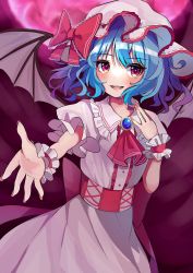 Rule 34 | 1girl, :d, ascot, bat wings, blue hair, blush, bow, brooch, commentary request, corset, cowboy shot, dark background, flat chest, frilled shirt collar, frills, hand up, hat, hat bow, highres, ichigo mogu 15, jewelry, looking at viewer, medium hair, mob cap, nail polish, open mouth, pink hat, pink nails, puffy short sleeves, puffy sleeves, purple eyes, reaching, reaching towards viewer, red ascot, red bow, remilia scarlet, short sleeves, smile, solo, touhou, wings, wrist cuffs