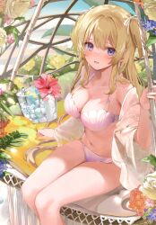 1girl absurdres blonde_hair blush bra breasts cleavage collarbone feet_out_of_frame flower hair_ribbon hanging_chair hibiscus highres ice_bucket kanda_done lingerie long_hair navel non-web_source off_shoulder original panties plant purple_bra purple_eyes purple_panties red_flower ribbon rose see-through_clothes see-through_shirt shirt sidelocks sitting smile solo stomach swept_bangs twintails underwear underwear_only white_flower white_ribbon white_rose white_shirt