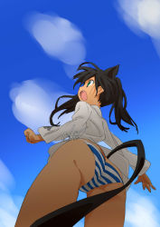 Rule 34 | 1girl, animal ears, ass, bad id, bad pixiv id, banzai nekomimi, black hair, cat ears, cat tail, cloud, day, fang, francesca lucchini, from below, green eyes, long hair, no pants, open mouth, panties, shirt, sky, solo, strike witches, striped clothes, striped panties, tail, underwear, world witches series