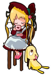 Rule 34 | 00s, 1girl, blonde hair, blush stickers, bonnet, chair, cup, dress, closed eyes, kunkun, lowres, mug, rozen maiden, saucer, shinku, sitting, slippers, solo, twintails, white background