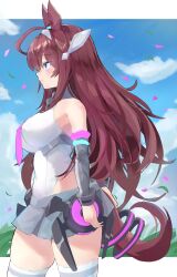Rule 34 | 1girl, absurdres, ahoge, animal ears, bare shoulders, blank stare, blue eyes, blue sky, breasts, brown hair, closed mouth, cloud, cloudy sky, commentary request, confetti, covered navel, cowboy shot, dx (xxer4838), ear ornament, from side, grey hairband, hair between eyes, hairband, highres, horse ears, horse girl, horse tail, horseshoe ornament, impossible clothes, impossible leotard, large breasts, leotard, long hair, lowleg, lowleg skirt, mecha musume, medium breasts, mihono bourbon (umamusume), miniskirt, necktie, open hand, reaching, reaching towards viewer, serious, simple background, skirt, sky, solo, tail, thighhighs, umamusume, white background, white thighhighs, zettai ryouiki