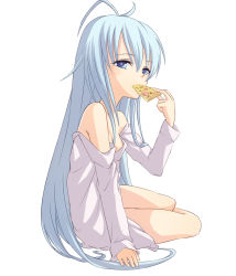 Rule 34 | 10s, 1girl, antenna hair, bare legs, bare shoulders, blue eyes, blue hair, denpa onna to seishun otoko, eating, food, highres, leaning, long hair, matching hair/eyes, miyo (ranthath), off shoulder, pizza, simple background, sitting, solo, touwa erio, white background