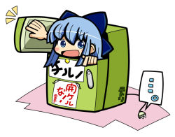 Rule 34 | ..., 1girl, blue eyes, blue hair, bow, character name, cirno, dora ita, in container, in refrigerator, matching hair/eyes, mundane utility, refrigerator, short hair, solo, touhou, translation request