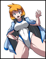 Rule 34 | 1girl, bare legs, blue eyes, blush, breasts, cameltoe, cowboy shot, creatures (company), deadmoon (kein2002), game freak, highres, jacket, large breasts, legs, looking at viewer, looking down, misty (pokemon), navel, nintendo, one-piece swimsuit, orange hair, pokemon, pokemon hgss, smile, spread legs, swimsuit, thighs, white one-piece swimsuit