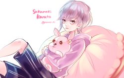 Rule 34 | 10s, 1boy, bags under eyes, rabbit, character name, child, diabolik lovers, flower, frown, highres, hug, knee up, komori yui, looking at viewer, lying, male focus, manmosu, pillow, purple eyes, purple hair, sakamaki kanato, shorts, simple background, solo, stuffed animal, stuffed toy, tongue, tongue out, twitter username, white background, aged down