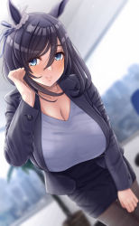 Rule 34 | 1girl, anetani kiki, animal ears, black jacket, black pantyhose, blue eyes, blue shirt, blurry, blurry background, blush, breasts, cleavage, commentary request, eishin flash (umamusume), hair between eyes, hand in own hair, highres, horse girl, huge breasts, indoors, jacket, large breasts, leaning forward, looking at viewer, miniskirt, office lady, pantyhose, shirt, skirt, smile, umamusume, window