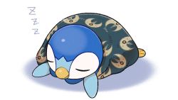 Rule 34 | beak, blanket, character print, closed mouth, commentary request, creatures (company), closed eyes, game freak, gen 3 pokemon, gen 4 pokemon, lunatone, lying, nintendo, no humans, official art, on stomach, piplup, pokemon, pokemon (creature), project pochama, sleeping, solo, toes, under covers, white background, zzz