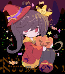Rule 34 | 1girl, ashley (warioware), black hair, black pantyhose, blush, chibi, closed mouth, d omm, dress, hair over one eye, hat, holding, jack-o&#039;-lantern, knees up, long hair, long sleeves, looking at viewer, mini hat, mini witch hat, nintendo, pantyhose, red dress, red eyes, red footwear, red hat, shoe soles, shoes, sleeves past wrists, solo, tilted headwear, twintails, very long hair, warioware, wide sleeves, witch hat