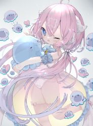 Rule 34 | 1girl, absurdres, ahoge, blue eyes, commission, dress, highres, inflatable toy, leg up, leotard, leotard under clothes, long hair, mirukutarou, hugging object, one eye closed, open mouth, original, pink hair, pink thighhighs, see-through, skeb commission, smile, solo, standing, standing on one leg, symbol-shaped pupils, thighhighs, thighs, twintails, v, very long hair, white leotard