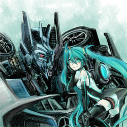Rule 34 | 1girl, aqua eyes, aqua hair, couple, elbow gloves, gloves, goodsmile racing, hatsune miku, head rest, long hair, race queen, racing miku, rkp, smile, soundwave (transformers), thighhighs, transformers, transformers (live action), twintails, very long hair, vocaloid