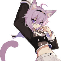 Rule 34 | 1girl, absurdres, animal ears, cat ears, cat tail, ghost (tama), hand up, highres, hololive, leaning back, looking to the side, navel, nekomata okayu, nekomata okayu (casual), parted lips, purple eyes, purple hair, sailor collar, solo, tail, virtual youtuber, white background