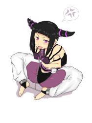 Rule 34 | 1girl, anger vein, arms behind back, barefoot, bdsm, black hair, blush, bondage, bound, bound arms, chain, cuffs, fang, han juri, kokoneri, open mouth, pink eyes, shackles, simple background, solo, spoken anger vein, street fighter, white background