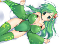 Rule 34 | 1990s (style), 1girl, blush, breasts, cameltoe, cleavage, covered erect nipples, final fantasy, final fantasy iv, green eyes, green hair, hair ornament, hima, hip focus, huge breasts, leotard, long hair, matching hair/eyes, nagase haruhito, aged up, rydia (ff4), solo, thighhighs, wide hips