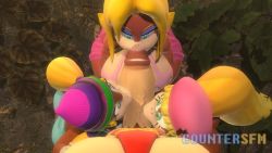Rule 34 | 1boy, 3girls, artist name, beanie, blonde hair, breasts, candy kong, countersfm, dixie kong, donkey kong, donkey kong (series), fellatio, furry, group sex, harem, hat, highres, huge breasts, huge penis, kneeling, monkey, monkey girl, multiple girls, nintendo, oral, penis, ponytail, size difference, tiny kong, twintails