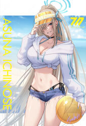 Rule 34 | 1girl, asuna (blue archive), ball, bikini, bikini under clothes, blue archive, blue bow, blue sky, bow, breasts, buttons, choker, cleavage, cloud, cloudy sky, hair over one eye, halo, holding, holding ball, hood, hooded sweater, large breasts, light brown hair, long sleeves, midriff, mole, mole on breast, navel, ponytail, short shorts, shorts, shoukaki (earthean), side-tie bikini bottom, sky, smile, solo, sweater, swimsuit