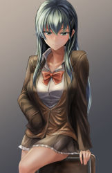 Rule 34 | 1girl, aqua hair, arm support, blush, breasts, cardigan, chair, collarbone, commentary, cowboy shot, green eyes, green hair, hair ornament, hair over shoulder, hairclip, hand in pocket, highres, jacket, kantai collection, kokuzou, large breasts, long hair, looking at viewer, open cardigan, open clothes, pleated skirt, remodel (kantai collection), school uniform, sitting, skirt, smile, solo, suzuya (kancolle), thighhighs, thighs, vest