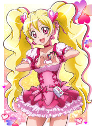 Rule 34 | 00s, 1girl, :d, blonde hair, choker, corset, cowboy shot, cure peach, earrings, fresh precure!, frills, hair ornament, hanzou, heart, heart earrings, heart hair ornament, heart hands, highres, jewelry, long hair, looking at viewer, magical girl, meme attire, momozono love, open mouth, pink eyes, pink skirt, precure, skirt, smile, solo, twintails