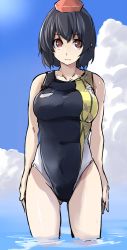Rule 34 | 1girl, alternate costume, black hair, blue sky, breasts, cloud, day, hat, kamukamu (ars), large breasts, looking at viewer, one-piece swimsuit, partially submerged, pointy ears, red eyes, shameimaru aya, short hair, sky, sleeveless, solo, swimsuit, team shanghai alice, tokin hat, touhou, wading, water, wet