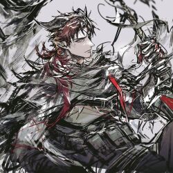 Rule 34 | 1boy, absurdres, arknights, black shirt, demon horns, eyepatch, gloves, highres, hoederer (arknights), holding, horns, jacket, long hair, looking at viewer, male focus, pointy ears, red eyes, red hair, remsrar, shirt, weapon