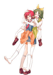 Rule 34 | 10s, 2girls, blush, clothes around waist, green eyes, green hair, green sweater vest, hair ornament, hairclip, hino akane (smile precure!), midorikawa nao, multiple girls, open mouth, precure, red hair, school uniform, shoes, unworn shoes, short hair, skirt, sleeves rolled up, smile, smile precure!, sweater, sweater around waist, sweater vest, tied sweater, tima