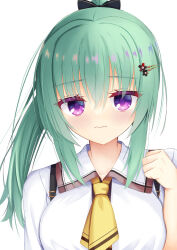Rule 34 | 1girl, 3:, alternate hairstyle, black bow, blush, bow, breasts, closed mouth, colored eyelashes, commentary, eyes visible through hair, frown, green hair, grey hair, hair between eyes, hair bow, hair ornament, hairclip, hand up, highres, kiki0319i, large breasts, long hair, looking at viewer, necktie, ponytail, purple eyes, school uniform, shirt, short necktie, shy, simple background, solo, straight-on, suspenders, takadate orie, tenshi souzou re-boot!, upper body, white background, white shirt, yellow necktie
