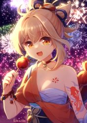 Rule 34 | 1girl, :d, aerial fireworks, arm tattoo, backlighting, blurry, breasts, candy, candy apple, chest tattoo, choker, cleavage, commentary, depth of field, english commentary, fireworks, food, genshin impact, hadanugi dousa, hair between eyes, highres, hikariin25, holding, holding candy, holding food, japanese clothes, kimono, light brown hair, long hair, looking at viewer, medium breasts, night, night sky, obi, obiage, open clothes, open kimono, open mouth, orange eyes, ponytail, rope, sarashi, sash, shimenawa, sidelocks, sky, smile, solo, tattoo, vision (genshin impact), yoimiya (genshin impact)