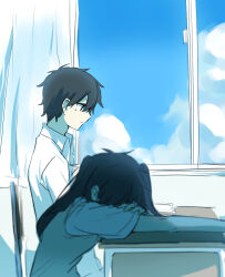 Rule 34 | 1boy, 1girl, aaniko, black eyes, black hair, blue sky, chair, closed mouth, cloud, collared shirt, commentary request, curtains, day, desk, enomoto takane, facing down, from side, hair between eyes, head on table, head rest, indoors, kagerou project, kokonose haruka, long hair, looking down, mole, mole under eye, on chair, open collar, pale skin, partial commentary, profile, school desk, shirt, short hair, short sleeves, sitting, sketch, sky, sleeping, sleeping upright, smile, summer uniform, sweater vest, twintails, upper body, white shirt, window, yellow sweater vest