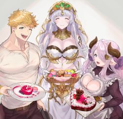 Rule 34 | 1boy, 2girls, apron, bad id, bad twitter id, bare shoulders, belt, blonde hair, blue eyes, blunt bangs, bow, braid, breasts, brown belt, brown pants, cake, cleavage, cleavage cutout, closed eyes, closed mouth, clothing cutout, commentary request, cookie, crown braid, dessert, draph, echidna (granblue fantasy), elbow gloves, food, frilled apron, frills, gloves, granblue fantasy, green eyes, hair bow, hair ornament, hair over one eye, heart, heart cutout, heart hair ornament, highres, holding, holding food, horns, jewelry, large breasts, long hair, long sleeves, midriff, migi (mm86262394), mother&#039;s day, multiple girls, narmaya (granblue fantasy), narmaya (valentine) (granblue fantasy), neck ring, one eye closed, one eye covered, open mouth, pants, pectoral cleavage, pectorals, pointy ears, purple bow, purple hair, ribbed sweater, shirt, short hair, silver hair, single braid, sleeves past wrists, smile, sparkle, strapless, sweater, turtleneck, v-neck, vane (granblue fantasy), veil, white apron, white gloves, white shirt