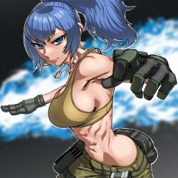 1girl abs arm_pouch bare_shoulders blue_eyes camouflage camouflage_pants cargo_pants crop_top dog_tags earrings gloves highres jewelry leona_heidern midriff muscular muscular_female pants ponytail rggr sleeveless soldier solo tank_top the_king_of_fighters the_king_of_fighters_xv triangle_earrings yellow_tank_top