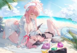 Rule 34 | 2girls, ahoge, barefoot, beach, bikini, bikini under clothes, black bikini, blue archive, blue sky, blush, book, bow, braid, breasts, cleavage, closed mouth, cloud, commentary request, day, f.k (hs225kr), flat chest, floral print, green eyes, hair bow, halo, hanako (blue archive), hanako (swimsuit) (blue archive), highres, holding, holding book, kneeling, koharu (blue archive), koharu (swimsuit) (blue archive), large breasts, legs, long hair, long sleeves, looking at viewer, lying, medium hair, multiple girls, ocean, official alternate costume, on back, outdoors, pink eyes, pink hair, pink halo, print bikini, red bikini, red halo, sand, shirt, single braid, sky, smile, swimsuit, thighs, twintails, white bow, white shirt