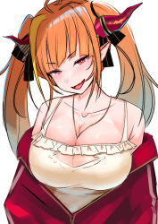 Rule 34 | 1girl, ahoge, bare shoulders, between breasts, black ribbon, blonde hair, bow, breasts, bright pupils, camisole, cleavage, collarbone, commentary request, diagonal-striped bow, dragon girl, dragon horns, fangs, frilled camisole, frills, hair ribbon, half-closed eyes, head tilt, highres, hololive, horn bow, horn ornament, horns, hoshara, jacket, jewelry, kiryu coco, kiryu coco (loungewear), large breasts, light blush, long hair, long sleeves, looking at viewer, multicolored hair, off shoulder, official alternate costume, open clothes, open jacket, open mouth, orange hair, partially unzipped, pendant, pointy ears, purple eyes, red jacket, ribbon, see-through, shirt, sidelocks, simple background, skin fangs, sleeveless, sleeveless shirt, solo, spaghetti strap, streaked hair, striped, striped bow, track jacket, twintails, upper body, virtual youtuber, white background, white camisole, white pupils