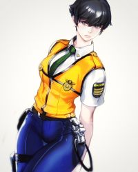 Rule 34 | 1girl, arms behind back, artist name, black hair, blue pants, breasts, closed mouth, collared shirt, commentary request, cowboy shot, dress shirt, gradient background, green necktie, hair between eyes, highres, holster, kidou keisatsu patlabor, lips, looking at viewer, medium breasts, necktie, nose, original, pants, police, police uniform, policewoman, purple eyes, shirt, short hair, short sleeves, solo, ssaki metel, standing, thigh gap, thigh holster, uniform, vest, white shirt, wing collar, yellow vest